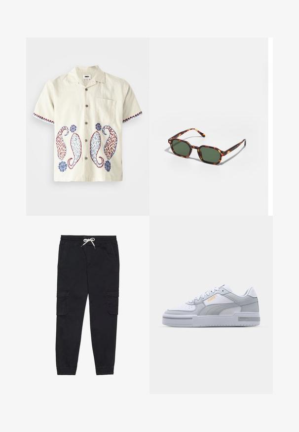 Lyhythihainen, vaalea beige paita, joka on valmistettu puuvillasta ja jossa on paisleysomistuksia sinisenä ja punaisena. Varustettu rintataskulla ja napeilla.; Mustat cargo-housut, jotka on valmistettu puuvillasta ja joissa on elastinen vyötärönauha kiristysnyörillä, sivutaskut ja kapenevat lahkeet.; Harmaat ja valkoiset lenkkarit, joissa on sileä nahkapinta, rei'itetty varvastoppa, nauhakiinnitys, teksturoituja yksityiskohtia ja hillitty kultainen logo.; Kilpikonnakuosiset aurinkolasit vihreillä linsseillä, joissa on oktaalinen muoto ja kapeat, kaarevat varret. Materiaalissa on kiiltävä pinta.
