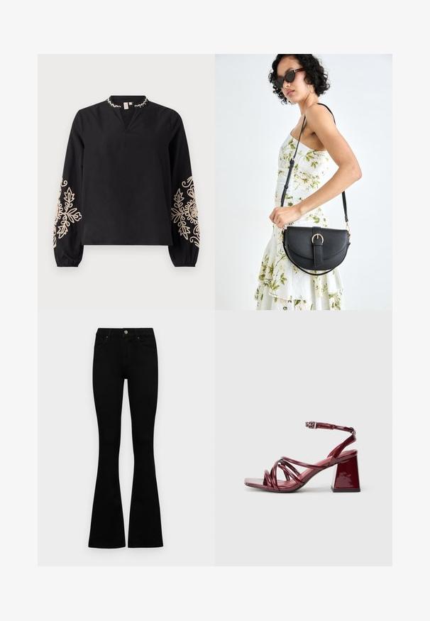 Svart bluse med V-hals og lange ermer. Har dekorativ beige broderi på ermene og en rynket kragedetalj. Glatt stoff.; Sorte høytlivsjeans med knapp og glidelås, frontlommer og utsvingte bein liggende flatt på en hvit bakgrunn.; Patenterte bordeaux høye sandaler med firkantet tå, med flere sammenvevde stropper og en tykk blokkhel. Justerbar ankelreim.; Svart lærveske med en buet form, avtagbar stropp og gullbeslag. Vesken har et klaff med spenne-detall.