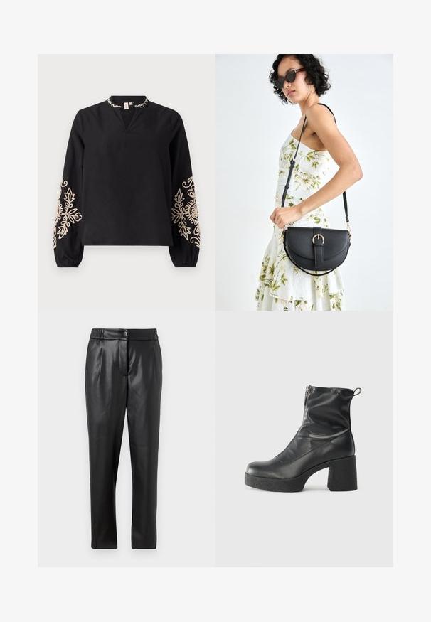 Černá blůza s výstřihem do V a dlouhými rukávy. Obsahuje dekorativní béžovou výšivku na rukávech a detail volánkového límce. Hladká tkanina.; Černé kožené kalhoty s hladkou texturou, rovným střihem, elastickým pasem a zapínáním na knoflík vpředu; s plisovanými detaily a zúženými nohavicemi.; Černé kotníkové boty vyrobené z hladké kůže, s bočním zipem, robustním strukturovaným podpatkem a kulatou špičkou.; Černá kožená kabelka s křivkovým tvarem, odnímatelným popruhem a zlatými detaily. Kabelka má klopu s přezkou.
