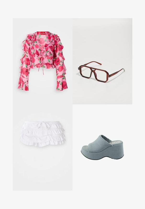 Crop top floral rose clair avec des manches à volants, détail à nouer à l'avant, et un tissu léger et transparent avec des motifs de roses rouges et de feuilles vertes.; Haut halter marron avec un décolleté en V profond et un design enveloppant, orné de motifs floraux et d'un tissu texturé ; se noue à la taille.; Jupe de bain blanche à volants avec plusieurs couches, dotée d'une taille à cordon pour un ajustement. Tissu doux avec une texture lisse.; Sandale à plateforme bleu clair avec un dessus en tissu effiloché, design à bout ouvert, semelle épaisse et arrondie, et semelle extérieure texturée grise.; Lunettes oversized transparentes marron avec des verres rectangulaires et des branches fines. Coins légèrement arrondis et angulaires, avec des accents matériels visibles.