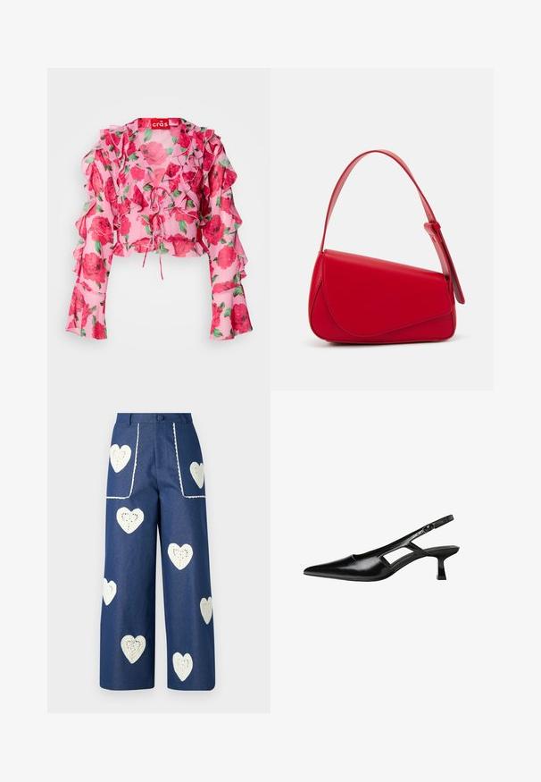 Ružičasti cvjetni crop top s volanastim rukavima, detaljem na vezanje sprijeda i laganom, prozirnom tkaninom s uzorkom crvenih ruža i zelenih listova.; Sister Jane HEART TO HEART - Traperice ravnih nogavica - blue denim; Crne lakirane natikače na remenčić sa špicastim nosom, dizajnom sa izrezima sa strane i malim kvadratnim potplatom. Glatka tekstura s minimalnim akcentima.; Crvena kožna torba s kutnim, geometrijskim dizajnom. Ima jedan podesivi remen i preklopni zatvarač sa šivenim detaljima.