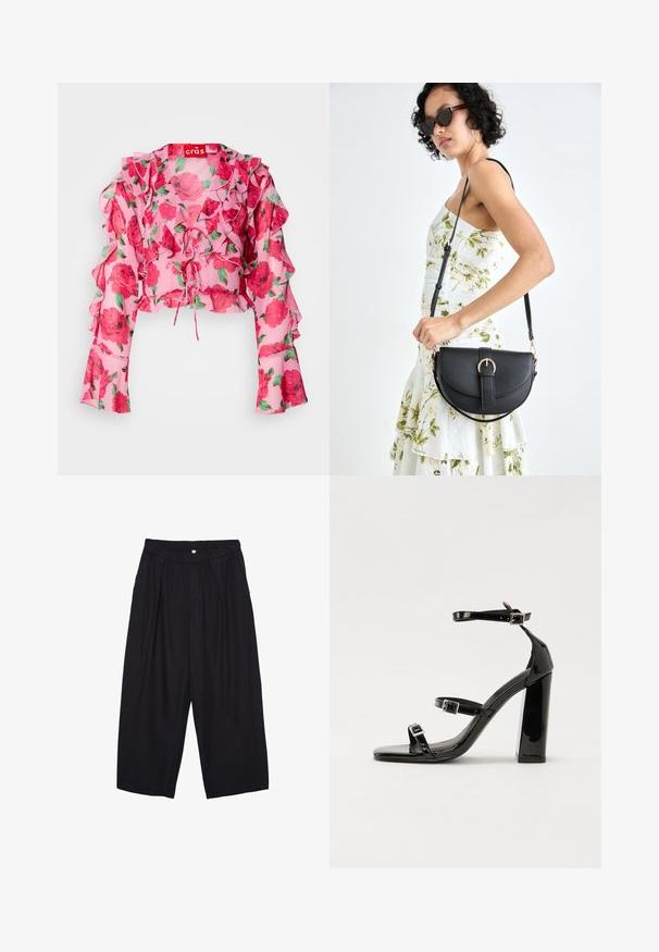 Lyserød blomster crop top med flæser på ærmerne, bindefront og et let, gennemsigtigt stof med røde rosemønstre og grønne blade.; Sorte polyester culotte bukser med elastisk talje, to forpiber og en løs silhuet. Ingen synlige mønstre eller hardware detaljer.; Sorte patenterede hælsandaler med firkantet tå, ankelremme og sølvspænder. Har en chunky blokHæl for stabilitet.; Sort læderhåndtaske med en buet form, aftagelig rem og guldfinish. Tasken har en klap med en spænde detalje.