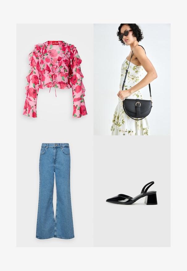 Rózsaszín virágmintás cropped top fodros ujjakkal, megkötős részlettel és könnyű, áttetsző anyaggal, amelyen piros rózsa minták és zöld levelek találhatók.; Világoskék, trapézszárú farmernadrág, magas derékkal, öt zsebbel és egy gombos záródással. Puha tapintású, magasított effektusú anyag.; Fekete lakk bőr szandálkés magas sarkú cipő, hegyes orral és geometrikus tömbsarkakkal. Karcsú, minimalista dizájn és sima textúra jellemzi.; Fekete bőrtáska ívelt formával, levehető pánttal és arany színű fémrészekkel. A táskán egy csattal díszített fedél található.