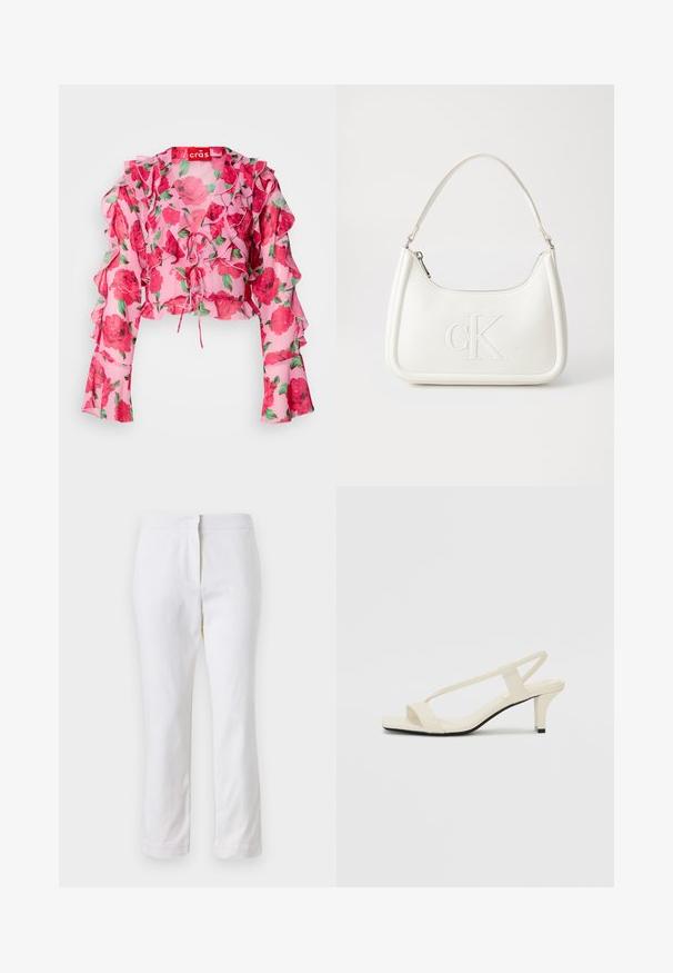 Roosa lilleline lühike topp ripsmetega varrukatele, side-eesmine detail ja kerge, läbipaistev kangas koos punaste rooside mustri ja roheliste lehtedega.; Valged puuvillased püksid sirge lõikega, keskmise kõrgusega vöökoht ja ilma nähtavate detailide või mustriteta. Ühtlane sile tekstuur.; Beez blok-kandadesed õhukeste rihmadega ja ruudukujulise varbaga. Sile materjal minimaalsete detailidega, kujundatud mugavaks kandmiseks.; Valge nahast käekott, millel on kumer kuju, esiküljel on reljeefne "CK" logo ja üks õlavarre rihm. Ülemine tõmblukkuu.