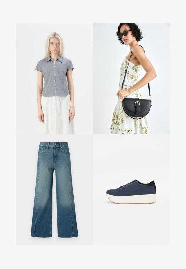 Hollister Co. Nööpidega pluus - dark blue; Keskmise sinise pesu lai jalgevahega teksad, millel on gradientefekt tumedamast heledamale. Valmistatud traditionaalsest denimist, viie taskuga disainiga.; Tumedat sinised tennised tekstureeritud riidest pealispinnaga, valge platvormi tallaga, ümarate varvaste ja musta kontsapaneeliga. Omab kuut silma paelte jaoks.; Mustmust mustraha kõverate joontega, eemaldatava rihmaga ja kuldsete detailidega. Kotil on klapp, millel on pandladetail.