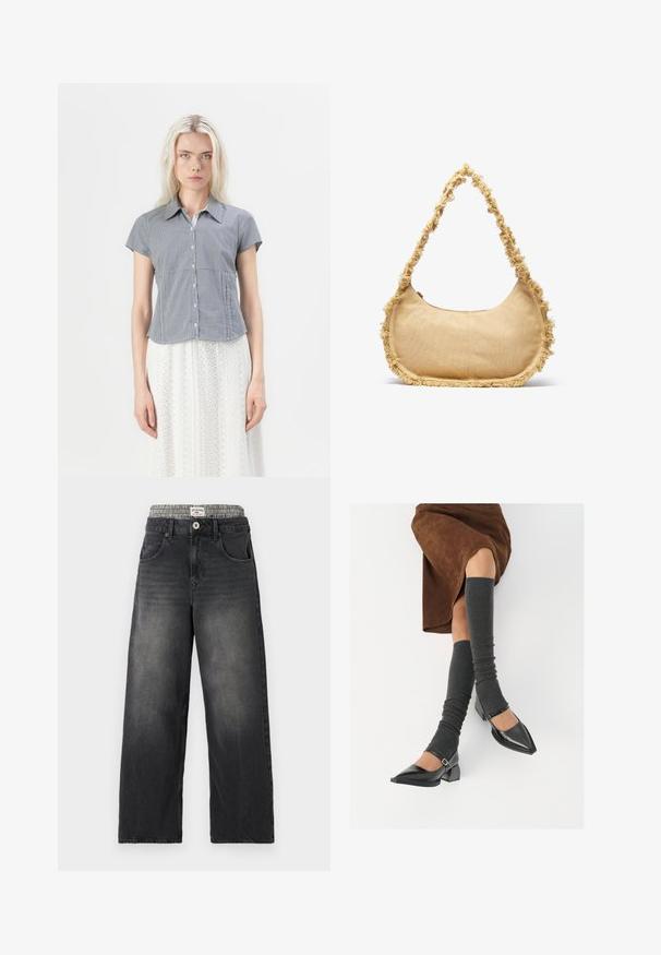 Hollister Co. Button-down blouse - dark blue; Black denim wide-leg jeans with a houndstooth patterned waistband. Features include front pockets and a button closure. Distressed texture.; Black patent leather pointed-toe shoes with a block heel and ankle strap, paired with gray ribbed leg warmers and a brown suede skirt.; Textured beige bag with a rounded shape, frayed trim along the edges, and a short strap for carrying. Zippered opening at the top.