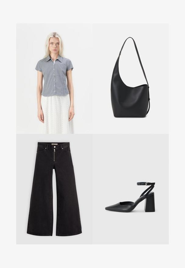 Hollister Co. Button-down blouse - dark blue; Wide-leg jeans in black denim with a zippered front, five-pocket design, and subtle stitching details. Smooth texture and casual style.; Black leather pointy-toe pump with an ankle strap and a chunky heel. Flat texture, sleek design, and minimalistic aesthetics.; Black leather hobo bag with a smooth texture, curved shape, and single adjustable strap; features a wide opening at the top.