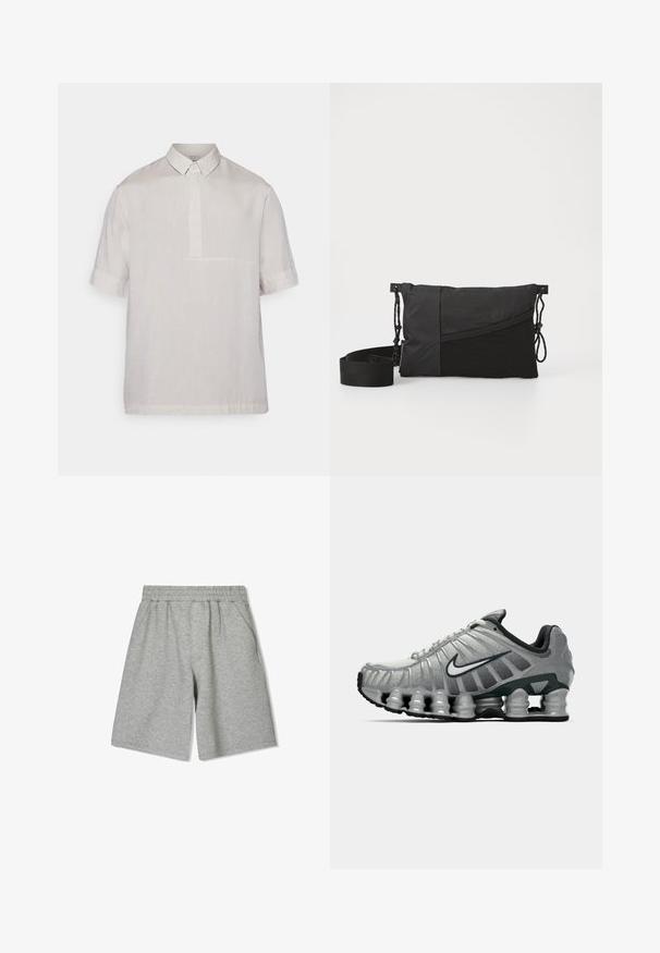 Rövid ujjú, galléros ing világos bézs színű vászonból. Félautomata gombolással és finom textúrával rendelkezik. Tiszta, minimalista dizájn.; Fehér pamut ujjatlan felső kerek nyakkivágással, széles vállpántokkal és egyenes szegéllyel, sima textúrával, látható minták nélkül.; Szürke pamut rövidnadrág rugalmas derékkal, oldalsó zsebekkel és laza szabással. Simább textúra és térd hosszig érő kivitel.; Szürke és fekete Nike futócipő, látható rugós párnázással a talp alatt és fehér swoosh logóval az oldalon.; Fekete válltáska texturált anyagból, átlós mintával, állítható pánttal és oldalsó zsinórzárakkal.