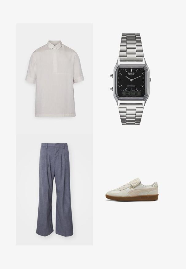 Camicia a maniche corte con colletto in lino beige chiaro. Caratterizzata da un'apertura a mezza bottoniera e una sottile trama. Design pulito e minimale.; Pantaloni a righe grigie con un design a gamba larga, caratterizzati da pieghe nella parte anteriore e una texture liscia. Senza hardware o dettagli visibili.; Sneaker bianco in pelle con accenti texturizzati, suola in gomma e dettaglio del logo dorato. Caratterizzato da lacci e una fascia in velcro per la chiusura.; Orologio in acciaio inox argento con quadrante rettangolare nero, dotato di lancette analogiche, display digitale e etichetta di resistenza all'acqua.