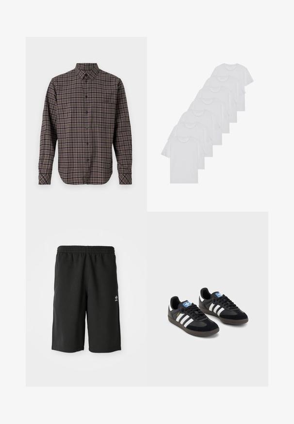 Langärmliges Flanellhemd in Dunkelgrün mit einem karierten Muster in Rosa und Weiß, Knopfverschluss und einer einzelnen Brusttasche.; Weiße Baumwoll-T-Shirts, kurze Ärmel, Rundhals-Design, schlichte Textur, in einer Reihe gestapelt, mit dezentem Branding am Hals.; Schwarze Baumwollshorts mit elastischem Bund, Seitennähten und einem kleinen weißen Logo am linken Bein. Glatte Textur, knielanges Design.; Schwarze Sneaker mit einem Obermaterial aus Wildleder und Synthetik, ausgestattet mit drei weißen Streifen, einer strukturierten Gummi-Sohle und einem blauen Logo-Tag auf der Zunge.