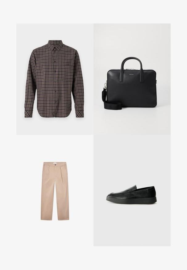 Sötétzöld, hosszú ujjú flaneling, amelyet rózsaszín és fehér csíkos kockás minta díszít, gombos zárással és egyetlen mellzsebbel.; Khat́i vászon nadrág egyenes fazonban, két elülső zsebbel, gombos záródással és klasszikus szabással.; Calvin Klein HYBRID CUP - Belebújós cipők - triple black; Fekete bőr aktatáska strukturált felülettel, kettős fogantyúval, levehető vállpánttal és elülső logóval. Cipzáras záródás.