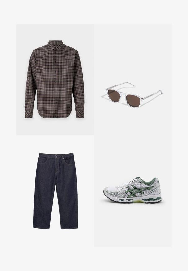 Srajca iz flanela z dolgimi rokavi v temno zeleni barvi, ki ima karirani vzorec z rožnatimi in belimi črtami, zapiranje na gumb in en sam žep na prsih.; Temno modri kavbojke naravnost kroja z zapiranjem na gumb in zadrgo ter petimi žepi, prikazane na beli podlagi.; Bele teniške za tek v beli barvi z srebrnimi detajli, zelenim mrežastim ovratnikom in zelenimi črtami. Imajo teksturirano mrežasto zgornji del in oblazinjeno podplat.; Jasne plastične naočale s pravokutnim smeškim lećama, koje imaju tanke, prozirne drške i metalne detalje na sljepoočnicama.; Srebrna ura iz nerjavečega jekla z okroglo belo številčnico, črnim taksimetrskim obročem, zelenimi poudarki in paščkom iz kovinskih povezav.