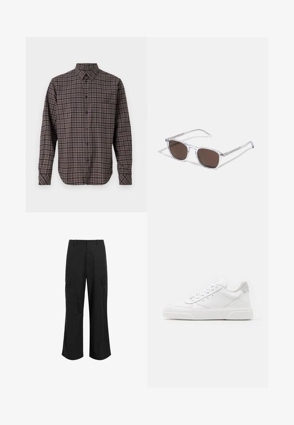 Tumedast flanellsärk pikalastega, millel on rohelise taustaga ruuduline muster roosa ja valge joontega, nupuvääti ja üks rinnatasku.; Mustad mustad püksid kergest kangast, millel on lõdva istuvuse, kaks suurt küljetaskut ja nup closure.; Valged nahast spordijalatsid siledast nahast viimistlusega, ümarate varvastega, lamekestega ja tekstuuriga tallaga. Hall suede aktsent kanna juures.; Selged plastist prillid ristkülikukujuliste pruunide läätsedega, millel on õhukesed, läbipaistvad varsud ja metallaktsendid templites.