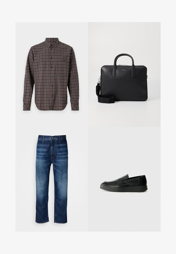 Long-sleeve flannel shirt in dark green, featuring a checked pattern with pink and white lines, button closure, and a single chest pocket.; Dark blue straight-leg denim jeans with subtle fading on thighs and a button closure at the waistband, displayed on a white background.; Calvin Klein HYBRID CUP - Slip-ons - triple black; Black leather briefcase with a textured finish, dual handles, detachable shoulder strap, and a front logo detail. Zipper closure.