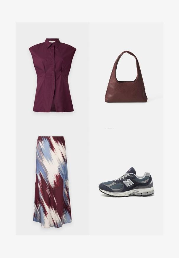 Bordová košile s límečkem a jedinečným širokým střihem na ramenou, předními záhyby a bezšvým provedením, vyrobená z hladké bavlněné směsi.; Dlouhá sukně s diagonálním tie-dye vzorem v burgundské, modré a krémové barvě, vyrobená z měkké tkaniny s volným silhouette a mírným leskem.; Tenisky New Balance s horní částí ze síťoviny a semíš, navy barvy, šedé akcenty, bílé logo, polstrovanou podrážkou a texturovanými detaily.; Burgundská kožená kabelka trojúhelníkového tvaru, s otevřeným topem a tkaným detailem podél rukojeti. Hladký povrch s matným finišem.