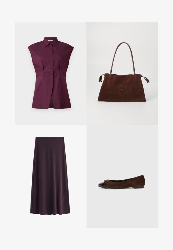 Cămașă căptușită vișinie cu un design unic al umerilor largi, pliseuri frontale și un finisaj uniform, confecționată dintr-un material neted din bumbac compost. ; Fustă purpurie din material neted, având o siluetă în formă de A, cu o margine până la genunchi, fără modele vizibile sau închizători.; Balerini din suede maro, cu vârful din piele lac maro închis și un accent subțire sub formă de fundiță în față. Toc plat.; Geantă tote din suede maro cu două mânere din piele, textură moale, formă plată și un logo embosat subtil pe față.