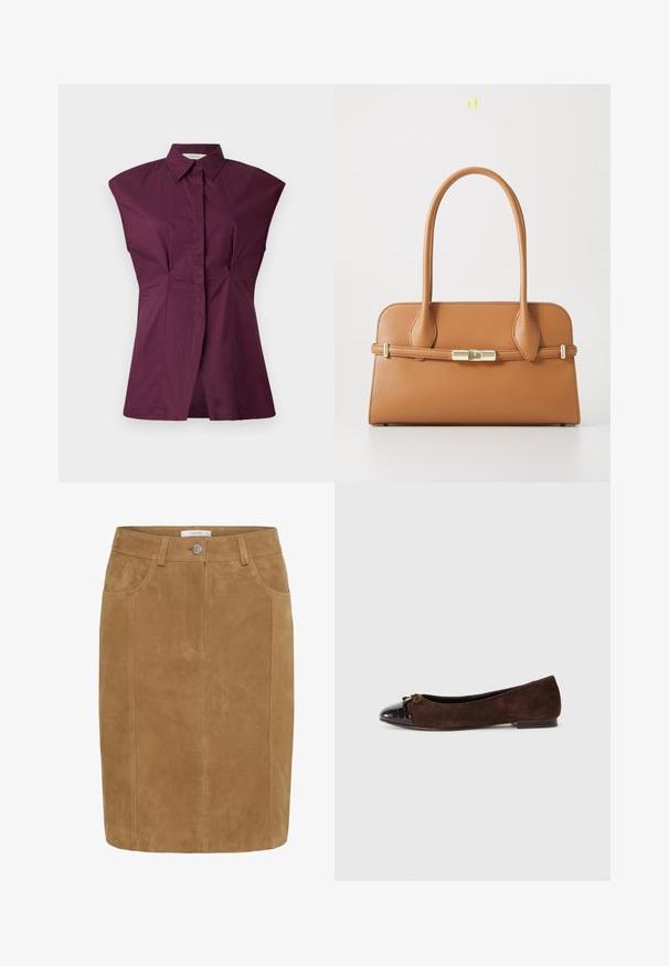 Bordó színű galléros ing, egyedi, széles vállkivágással, elöl redőzéssel és varrás nélküli kivitelben, sima pamut keverék anyagból készült.; Barna velúr ceruza szoknya sima felülettel, elülső zsebekkel, gombos záródással és függőleges varrás részletekkel.; Barna velúr balettcipők fényes sötétbarna lakkbőr orral és egy kis masni díszítéssel az elején. Lapos sarkúak.; Barna bőr kézitáska, strukturált dizájnnal, dupla fogantyúkkal és arany színű záródással. Simára csiszolt felület lekerekített sarkakkal.