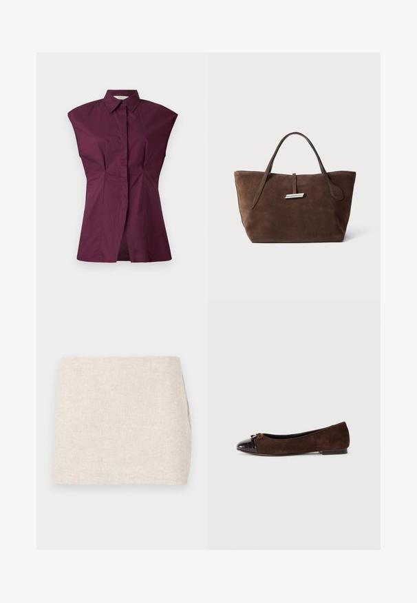 Maroon collared shirt with unique wide shoulder design, front pleats, and a seamless finish, made from a smooth cotton blend fabric.; Beige linen skirt with a minimalist design, featuring a smooth texture and subtle weave. It has a straight, simple cut with no visible fastenings.; Brown suede ballet flats with a glossy dark brown patent leather toe cap and a small bow accent on the front. Flat heel.; Brown suede tote bag with two soft handles, a vertical strap with a silver accent, and a wide, open top. Smooth texture, minimalist design.