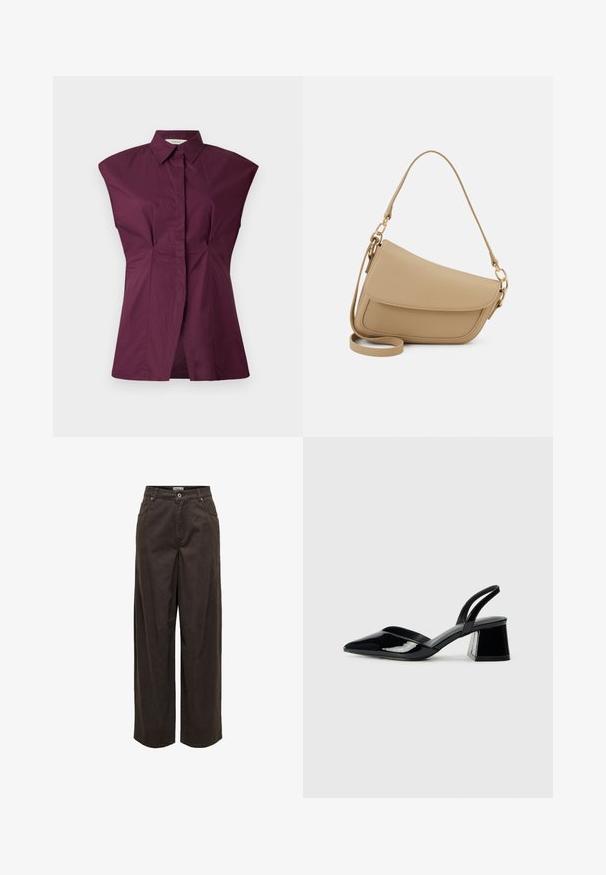 Camisa de color burdeos con un diseño único de amplios hombros, pliegues en la parte delantera y un acabado sin costuras, fabricada con una suave mezcla de algodón.; Pantalones de pierna ancha en marrón oscuro, hechos de algodón, con una cinturilla clásica, cremallera, cinco bolsillos y detalles de costura minimalistas.; Zapatos de tacón slingback de charol negro con punta afilada y tacón geométrico en bloque. Presentan un diseño elegante y minimalista, así como una textura suave.; Even&Odd Bolso de mano - beige