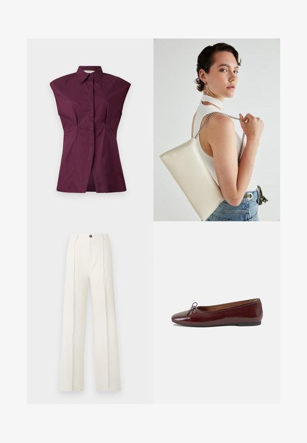 Bordeauxfarget skjorte med unik bred skulderdesign, frontfolder og sømløs finish, laget av en glatt bomullsblanding.; Hvite, vide bukser med høy midje, med to frontplisser, enkel knappelukking og lommer. Glatt stoffstruktur.; Burgunderrød lakk lær ballettleilighet med rund tå, liten sløyfe foran og en lav, svart gummisåle. Glatt tekstur.; Hvit rektangulær clutch-veske laget av blankt materiale, med en sølvkjede-stropp. Modellen poserer og viser vesken mot en ensfarget bakgrunn.