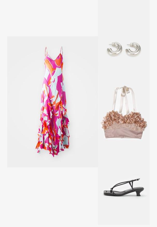 Nude-colored bralette featuring floral embellishments, lace fabric, satin underlay, and adjustable satin ribbons.; Maxi dress with spaghetti straps, vibrant pink, orange, and blue abstract pattern, frilled hem, lightweight fabric, flowing design.; Black leather sandal with thin straps, low block heel, and square toe. Features a buckle closure and smooth texture.; Silver-tone hoop earrings with a smooth, curved design and textured surface, featuring a stud post for fastening.