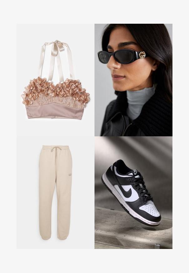 Nude-colored bralette featuring floral embellishments, lace fabric, satin underlay, and adjustable satin ribbons.; Beige sweatpants with an elastic waistband, drawstring, and tapered cuffs. Features a small logo patch on the side. Soft texture.; Black and white Nike Dunk Low sneaker with leather upper, perforated toe box, and black laces, featuring a white sole and logo accents.; Black sunglasses featuring a sleek rectangular frame with a gold logo accent on the side. Dark lenses and glossy finish are prominent.; Black quilted handbag with a gold chain strap, featuring a distinctive gold clasp and a small tag, showcasing a textured leather surface.; Rose gold bangle featuring two interlocking bands, one adorned with a row of diamonds, sleek surface, and smooth edges.