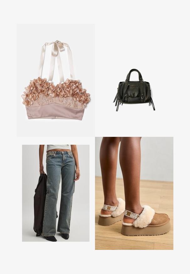 Bralette color nude con decorazioni floreali, tessuto in pizzo, sottogonna in satin e nastri in satin regolabili.; Jeans in denim azzurro chiaro con una vestibilità rilassata, dotati di vita media, cuciture visibili e un classico design a cinque tasche. Sono presenti anche scarpe nere e una giacca scura.; Pantofole con piattaforma marroni, dotate di una fascia foderata in pelliccia e morbidi dettagli in pelliccia beige. Presentano un logo sulla fascia e una suola texturizzata.; Borsa a tracolla in pelle nera con manici intrecciati, tasca con zip e nappine pendenti. Superficie texturizzata con borchie metalliche e dettagli in metallo.
