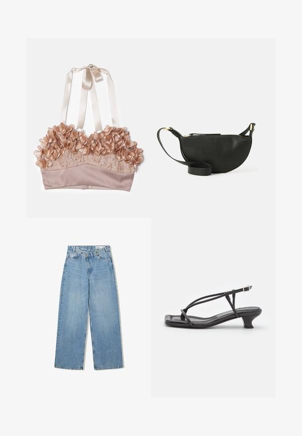 Nude-färgad bralette med blommönster, spetsmaterial, satinunderlag och justerbara satinfästen.; Ljusblå vida jeans i denim, med hög midja, fem fickor, knappstängning och subtil blekning för textur.; Svarta lädersandaler med tunna remmar, låg klack och fyrkantig tå. Har spänne och slät yta.; Svart läder crossbody-väska med halvmåneform, texturerad yta, guldblixtlås och en platt rem. Kompakt design som passar för det nödvändigaste.; Silver-tonade hoopörhängen med en slät, böjd design och texturerad yta, som har en studpost för fäste.
