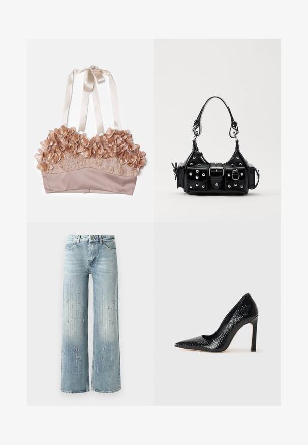 Bralet de culoare nud, cu embellishments florale, țesătură din dantelă, căptușeală din satin și panglici ajustabile din satin.; Jeans largi de culoare albastru deschis, confecționați din denim, având un efect de culori în degrade și broderii din cristale strălucitoare argintii dispuse pe verticală.; Pantofii cu toc înalt, ascuțiți, de culoare neagră, cu textură de piele de crocodil, având un design elegant, toc în stil stiletto și interior neted de culoare neagră.; Geantă de piele neagră cu un design curbat, dotată cu studuri argintii, o cataramă și două buzunare laterale. Curea ajustabilă pentru opțiuni de transport.