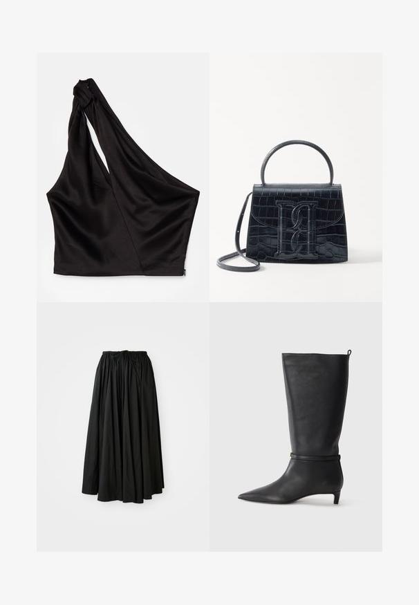 Top asimmetrico in satin nero con una spallina, caratterizzato da un design drappeggiato e chiusura con zip sul lato. Tessuto morbido.; Gonna nera, di lunghezza alla caviglia, realizzata in tessuto leggero. Presenta una vita arricciata con cordino per una vestibilità regolabile e una silhouette svasata.; Stivale in pelle nera alta fino al ginocchio con punta affusolata, adornato da una fascia circolare attorno alla caviglia e un tacco basso e conico. Texture liscia.; Borsa in pelle nera con incisione a forma di coccodrillo, dal design strutturato, dotata di manico superiore, tracolla regolabile e un evidente dettaglio logo frontale.