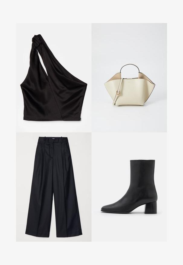 Asymmetrisk sort satin top med en enkelt skulderrem, der har et draperet design og lynlås lukning i siden. Blød tekstur.; Sorte breddebenede bukser lavet af glat stof, med høj talje, læg og skræddersyet design. Enkel sort hardware i talje.; Sorte læder ankelstøvler med spids tå og en kraftig firkantet hæl. Glat overflade med et sømløst design og minimalistisk syning.; Ree Projects ANN - Håndtasker - beige