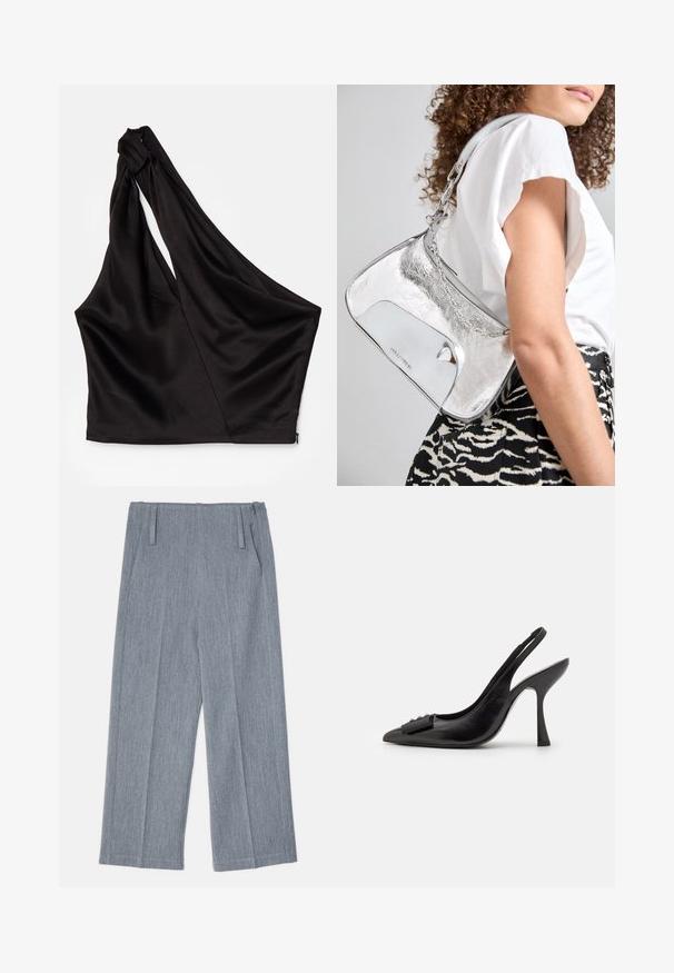 Top asimetric din satin negru cu o curea pe umăr, având un design drapat și închidere cu fermoar pe lateral. Textură moale.; Pantaloni gri deschis, cu picioare largi, dintr-un material texturat, având două plii frontale și două buzunare laterale. Design curat, croit.; Pantofii slingback din piele neagră, cu vârf ascuțit, toc subțire și un accent decorativ sub formă de fundiță. Textură netedă și design elegant.; Geantă de umăr metalică argintie, cu o textură netedă, design curbat, curea din lanț și un panou frontal lustruit, având o gravură subtilă a logo-ului.; Cercei din argint cu un design fluid, spiralat. Textură netedă cu o finisare lustruită. Prezintă un aspect subtire, strălucitor și fără embellishments vizibile.