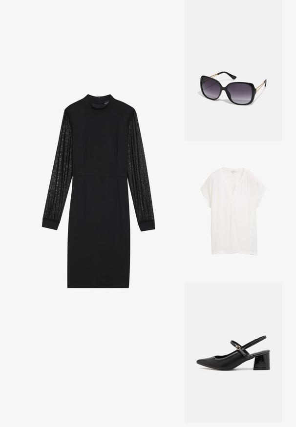 Balts īsām piedurknēm tops ar v-veida kakla izgriezumu un brīvu piegrieza. Izgatavots no viegla auduma, tam ir smalka spīduma un gluda tekstūra.; Melna kleita ar pieguļošu korpusu un garām caurspīdīgām teksturētām piedurknēm. Iezīme ir augsta kakla izgriezums un vienkārša, plūstoša silueta.; Melns patentēts ādas sandales ar norādīta pirksta formu, noapaļotu izgriezuma dizainu un bloķētu papēdi. Iezīmēta ar zelta toņa sprādzi.; Melni pārmērīgi lieli saulesbrilles ar gradāciju lēcām, biezām rāmja malām un zeltainas krāsas ķēžu detaļām uz tempļiem.; Melnā somiņa, kas izgatavota no sintētiska materiāla, ar vienkāršu taisnstūra formu, zelta kvadrātveida akcentiem un divām rokturiem.