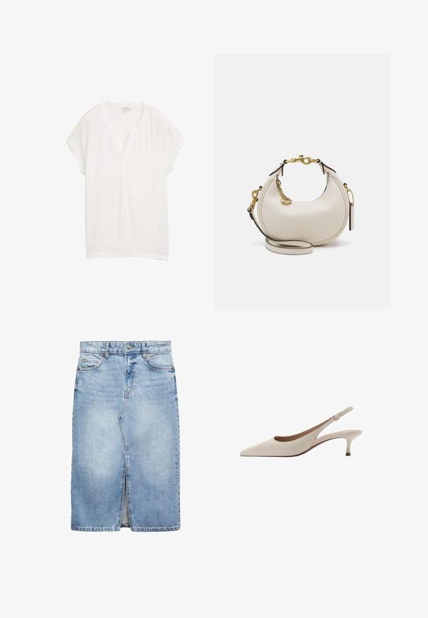 Witte top met korte mouwen, een V-hals en een relaxte pasvorm. Gemaakt van lichtgewicht stof, met een subtiele glans en een gladde textuur.; Lichte blauwe denimrok, knie-lengte met een voorkeursplit. Voorzien van vijf riemlussen, twee voorzakken en sluiting met metalen knoop.; Beige slingback hakken met een puntige neus en een lage, uitlopende hak. Gemaakt van glad leer met een minimalistisch ontwerp en een verstelbare band.; Crème leren handtas met een halve maan vorm, gouden hardware, zwarte accenten en een afneembare schouderband. Heeft een kettingdetail en label.