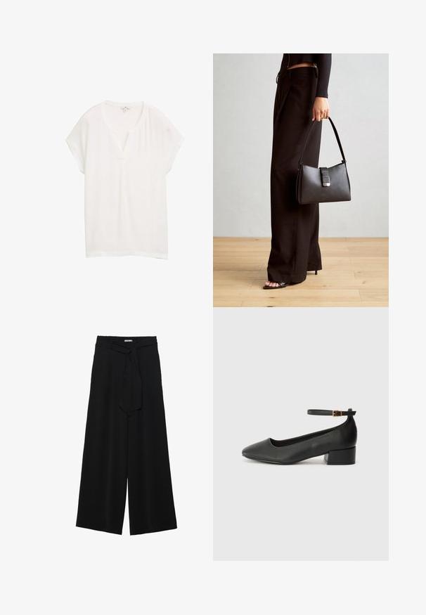 Top bianco a maniche corte con scollatura a V e vestibilità morbida. Realizzato in tessuto leggero, presenta una leggera lucentezza e una texture liscia.; Pantaloni neri a gamba larga caratterizzati da un tessuto testurizzato, una vita elastica e una cintura staccabile per una vestibilità regolabile.; Pump in pelle nera con punta affusolata e tacco basso a blocco. Presenta una cinghia alla caviglia con una fibbia in tonalità oro. Texture liscia.; Borsa nera con forma strutturata, texture liscia e una chiusura metallica. Abbinata a pantaloni neri larghi e sandali open-toe su un pavimento in legno.
