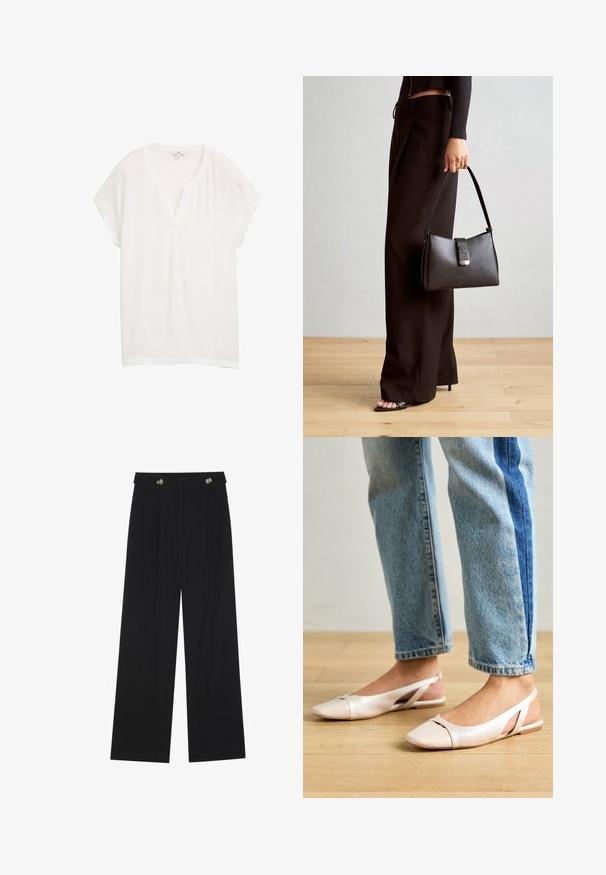 Bela kratka majica s kratkimi rokavi in V-izrezom ter sproščenim krojem. Narejena iz lahkotnega materiala, ima subtilen sijaj in gladko teksturo.; Črne široke hlače s visokim pasom, gumbnimi detajli na pasu in sprednjimi gubami.; Svijetloružičaste slingback balerinke s šiljastim nožnim prstima, napravljene od glatkog materijala nalik koži. Imaju izrezane detalje sa strane i ravne pete.; Črna torbica z strukturirano obliko, gladko teksturo in kovinskim zaponko. Ujemajo se z širokimi črnimi hlačami in odprtimi sandali na lesenem tleh.