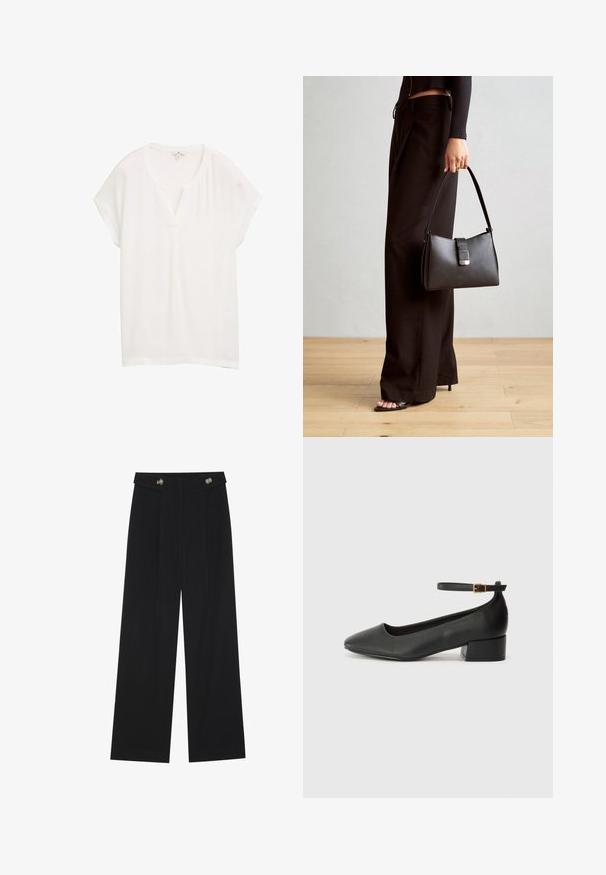 Weißes Kurzarmoberteil mit V-Ausschnitt und lässiger Passform. Hergestellt aus leichtem Material, hat es einen dezenten Glanz und eine glatte Textur.; Schwarze weite Hosen mit hoher Taille, Knopfdetails am Bund und vorderen Falten.; Schwarze Lederpumps mit spitzem Zehenbereich und niedrigem Blockabsatz. Mit einem Knöchelriemen und einer goldfarbenen Schnalle. Glatte Textur.; Schwarze Handtasche mit strukturierter Form, glatter Textur und einem metallischen Verschluss. Kombiniert mit weiten schwarzen Hosen und offenen Sandalen auf einem Holzboden.