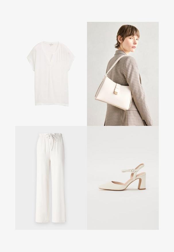 Haut blanc à manches courtes avec un col en V et une coupe décontractée. Fabriqué en tissu léger, il présente un éclat subtil et une texture lisse.; Pantalon large blanc en tissu doux, avec une taille à cordon de serrage et une texture lisse. Aucun motif ni embellissement visible.; Escarpin à bout pointu, de couleur crème, avec un talon carré. Il est doté d'une fine lanière de cheville avec une boucle ronde et d'une texture en cuir lisse.; Sac à main en cuir blanc au design structuré, doté d'un fermoir magnétique et d'une bandoulière, présenté sur un fond neutre.