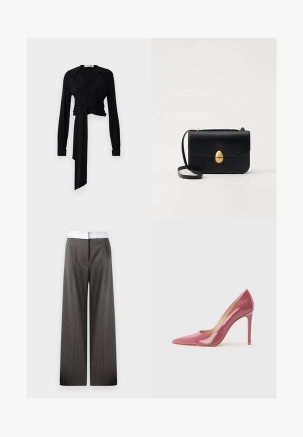 Bluză neagră cu mâneci lungi, guler răspândit și detaliu cu fundă la talie. Confecționată dintr-un material neted cu o textură ușoară.; Pantaloni evazați în gri închis cu dungi verticale. Banda de talie este albă și elastică, creând un detaliu de contrast.; Pantofi cu toc înalt din piele lucioasă roz, cu vârf ascuțit și siluetă elegantă, având un detaliu decupat și toc stiletto.; Geantă de mână din piele neagră, cu o formă rectangulară structurată. Are un capac oval auriu și o curea subțire pentru umăr. Textură netedă.