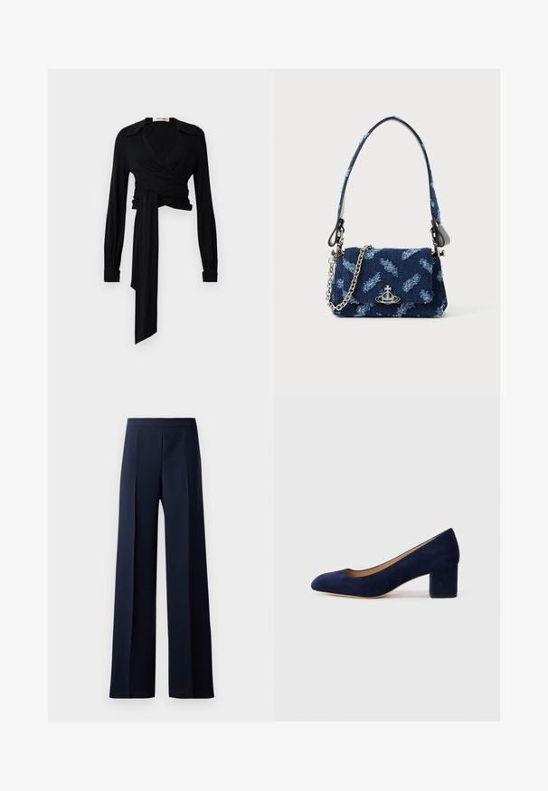 Svart blus med långa ärmar, spridd krage och knytning vid midjan. Tillverkad av ett slätt tyg med en lätt textur.; Vidbenta byxor i mörk marinblått tyg, med en slät textur, subtila framveck och en figursydd midjeband för en strömlinjeformad silhuett.; Mörkblå mockapumps med spetsig tå och medelhög blockklack. Slät textur med en subtil glans och en liten utskärning framtill.; Marinblå tyghandväska med strukturerad design, silverdetaljer och en avtagbar kedjerem. Har en klaffstängning och logotypdekor.