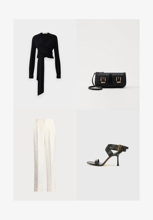 Must hele varrukatega must pluus, laia krae ja vöödetailiga taljes. Valmistatud siledast kangast, millel on kerge tekstuur.; Polo Ralph Lauren HEMP WIDE LEG PANT - Püksid - nevis; Mustad mustand koos ristatud rihmade ja reguleeritava pandlaga. Omab siledat tekstuuri ja kitsenevat stiletto kontsa.; Must küllastamata nahast õlakott, millel on kaks esist nähtavat taskut, kuldsed pandlad, tõmblukuga sulgemine ja peen rihm. Tekstuuriga pind ja kompaktne ristkülikukujuline kuju.