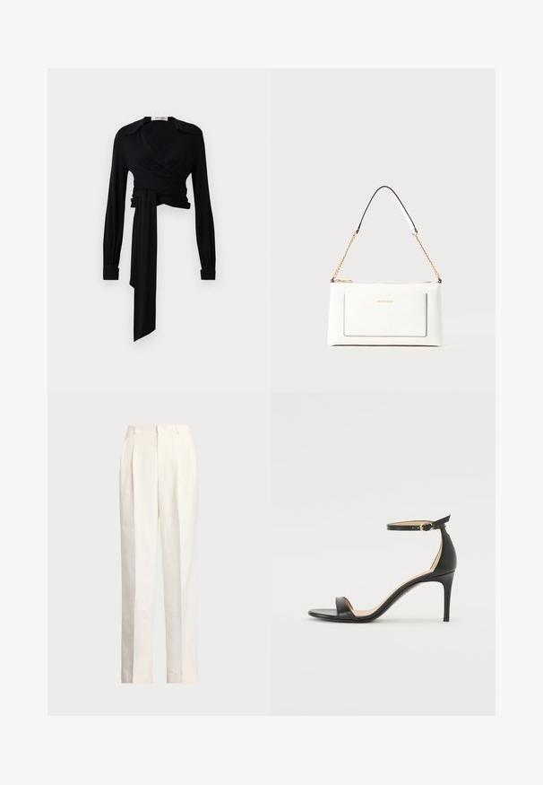 Čierna blúzka s dlhými rukávmi, rozšíreným golierom a viazaním v pase. Vyrobená z hladkej látky s ľahkou textúrou.; Polo Ralph Lauren HEMP WIDE LEG PANT - Nohavice - nevis; Čierne kožené sandále na vysokom podpätku s popruhom okolo členka. Vlastnosti hladkého povrchu, otvorenej špičky a tenkého podpätku. Detail zlatého spony.; Biele kožené kabelka s textúrovaným povrchom, ktorá má zlatý retiazkový popruh a čierne akcenty. Obsahuje prednú kapsu a zipsové zapínanie.