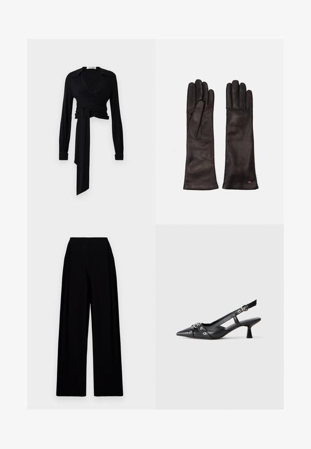 Black wrap blouse with long sleeves, spread collar, and tie detail at the waist. Made from a smooth fabric with a lightweight texture.; Wide-leg black trousers with a high waistband, featuring a smooth texture and clean lines. No visible fastenings or patterns.; Black leather slingback shoe with a pointed toe, decorative straps featuring metal eyelets, and a low block heel. Textured surface.; Weekend Max Mara SENAPE - Gloves - nero