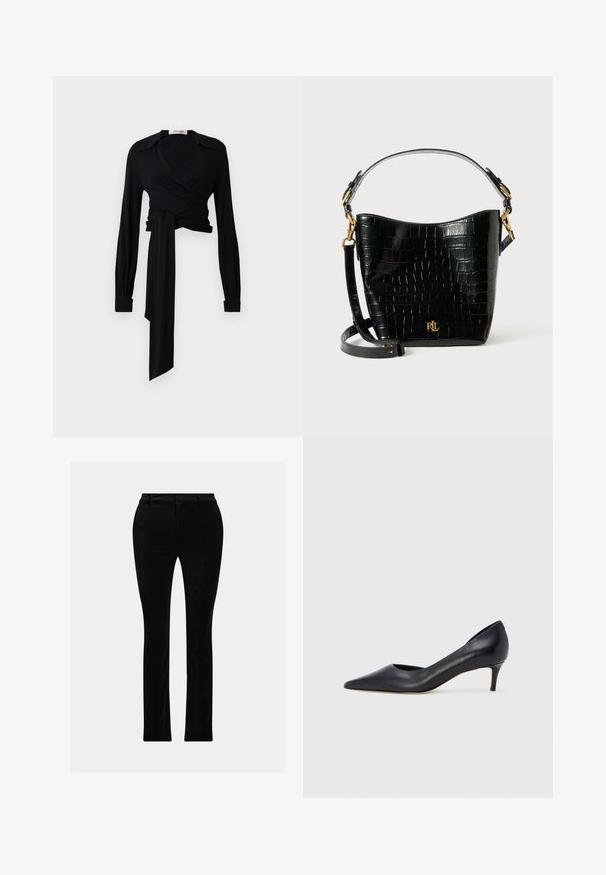 Svart blus med långa ärmar, spridd krage och knytning vid midjan. Tillverkad av ett slätt tyg med en lätt textur.; Svarta byxor i ett mjukt, sammetsliknande tyg. Skräddarsydd passform med rak benlängd, med traditionell midja och bälteshällor.; Svart läderpumps med spetsig tå och låg klack. Har en slät textur och subtil glans. Öppet utskuret fram för extra detalj.; Svart krokodilpräglad läderväska med en bågformad design, guldfärgade detaljer, en justerbar rem och en logodetalj framtill.