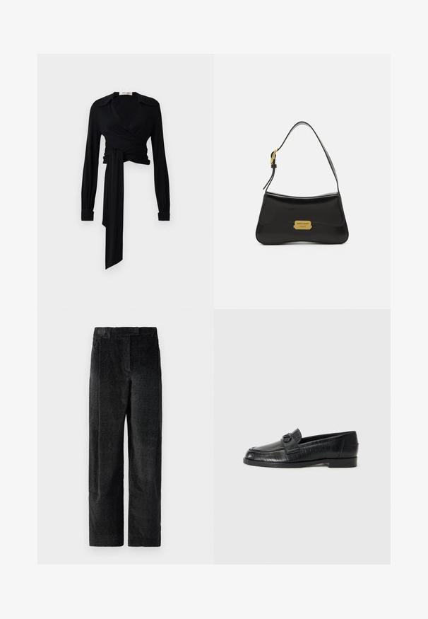Zwarte wikkeltop met lange mouwen, een gespreide kraag en een strikdetail op de taille. Gemaakt van een gladde stof met een lichte textuur.; Zwarte, gestructureerde wijde broek met een uitgesproken weefpatroon, met voorplooien en een vlakke tailleband. Klassiek ontwerp voor veelzijdigheid.; Zwarte leren instappers met een gladde bovenkant, gegraveerd lijnpatroon en een decoratieve gespaccent op de wreef. Lage blokhak.; Zwarte leren handtas met een gebogen ontwerp, gouden logo plaat accent en een smalle schouderband. Glad textuur met een stijlvolle afwerking.