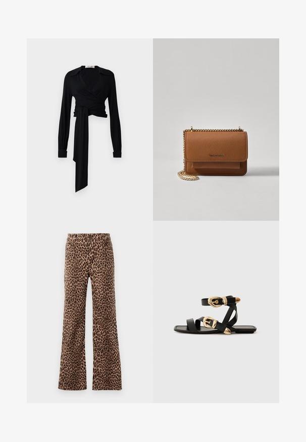 Schwarze Wickelbluse mit langen Ärmeln, verbreiteter Kragen und Binde-Detail an der Taille. Hergestellt aus einem glatten Stoff mit einer leichten Textur.; Beige und schwarze weit geschnittene Hosen mit Leopardenmuster, die eine glatte Textur und einen schmal zulaufenden Saum aufweisen. Design mit standardmäßiger Taille und Taschen.; Schwarze Ledersandalen mit goldenen Schnallenakzenten, die mehrere Riemen und ein flaches Sohlendesign für das Tragen mit offenen Zehen bieten.; Braune strukturierte Ledertasche mit goldener Kettenriemen und Klappenverschluss. Die Vorderseite zeigt ein Logo-Detail und eine Tasche unter der Klappe.