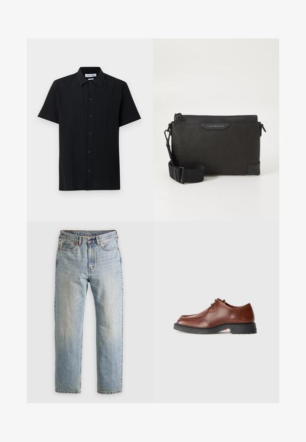 Cămașă neagră cu mâneci scurte, având un model texturat cu dungi verticale, închidere cu nasturi în față și guler clasic, cu croială lejeră.; Jeans din denim de culoare albastru deschis, cu talie înaltă, nasture frontal, fermoar și design cu cinci buzunare, așezate platesc pe un fundal neutru.; Pantofii de dressing din piele maro, cu vârf rotunjit, cusături contrastante, design cu șireturi și o talpă texturată din cauciuc negru.; Geantă din piele neagră tip crossbody cu un finisaj texturat, având închidere cu fermoar și curea ajustabilă. Pachetul logo pe partea din față. Formă rectangulară.