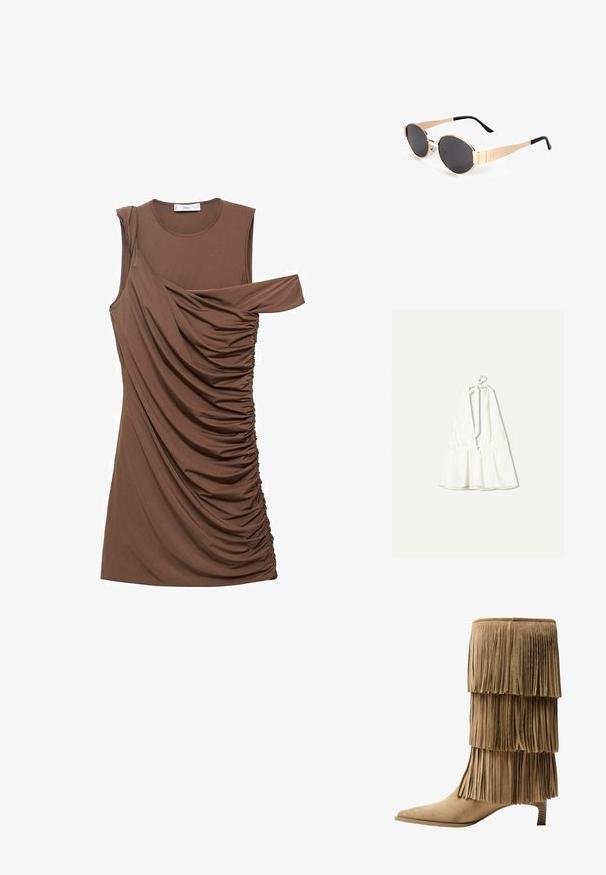 Hvid halterneck-top med dyb v-udskæring og justerbare knyde-stropper. Har indsamlet tekstur ved taljen og er lavet af et letvægtsstof.; Brun ærmeløs kjole lavet af blødt stof med draperet detaljer og asymmetrisk udskæring på den ene skulder. Har sideindsamling.; Fringe ankelstøvle i tan ruskind med tre lag af frynser. Spids tå og en lav blokhæl. Glat tekstur over det hele.; Guldtonede ovale solbriller med mørke linser, der har et slankt design, tynde arme og en sort detalje ved stedes. Modelnummer L37.; Brun ruskind skuldertaske med lange frynser, en buet form og en enkelt skulderrem. Har en glat, tekstureret overflade.; Guld mesh choker halskæde med et fladt, fleksibelt design. Har en kædeforlængelse for justerbar længde. Glat tekstur, minimalistisk udseende.