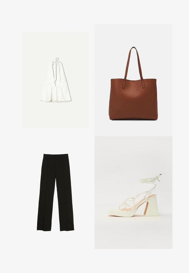 Witte haltertop met een diepe V-hals en verstelbare strikbanden. Beschikt over eenGathered-structuur ter hoogte van de taille, gemaakt van een lichtgewicht stof.; Zwarte wijde pantalon gemaakt van een soepele stof, met een aansluitende tailleband en subtiele plooien aan de voorkant voor extra textuur.; Witte hoge hakken sandaal met een chunky hak, met een bandjesontwerp en enkelband. Gladde textuur met een plateau voor extra hoogte.; Bruine leren tote bag met een gladde textuur, een ontwerp met een open bovenkant en twee schouderbanden. Kenmerkt zich door minimale stiksels en geen zichtbare hardware.