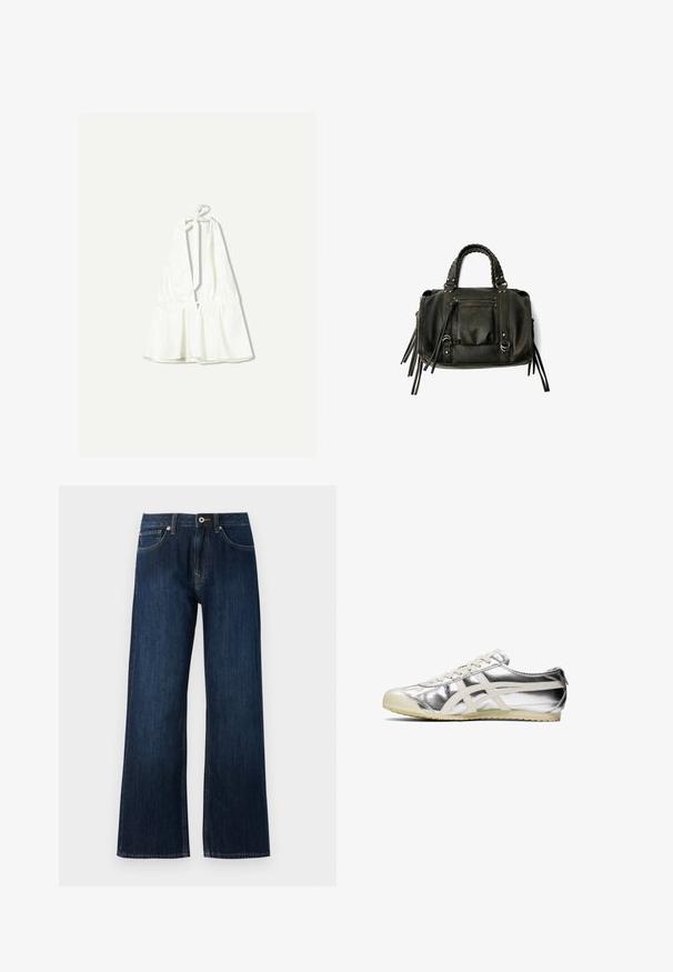 White halter top with a deep v-neck and adjustable tied straps. Features gathered texture at the waist, made from a lightweight fabric.; Wide-leg dark blue jeans made of denim, featuring a zip fly, button closure, and two front pockets with contrasting stitching.; Silver metallic sneaker with white accents and laces. Features a textured surface, rounded toe, and a rubber sole with a pattern for grip.; Black leather handbag with braided handles, zipper pocket, and hanging tassels. Textured surface with metal studs and hardware accents.